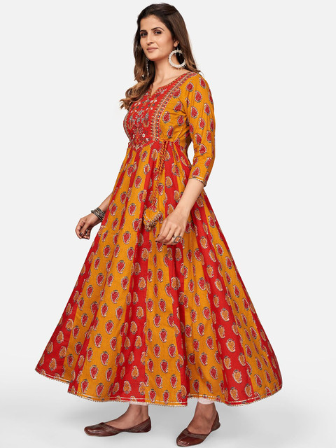 

Vbuyz Women Yellow Ethnic Motifs Embroidered Mirror Work Anarkali Kurta