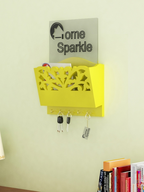 

Home Sparkle Yellow Carved Engineered Wood Letter Rack with Key Holder