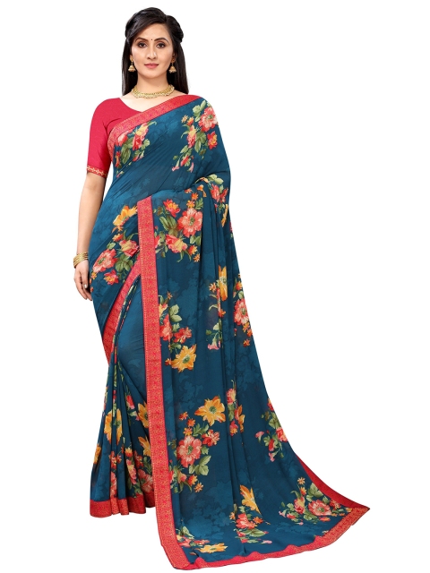 

Jashvi Creation Blue & Pink Floral Pure Georgette Saree