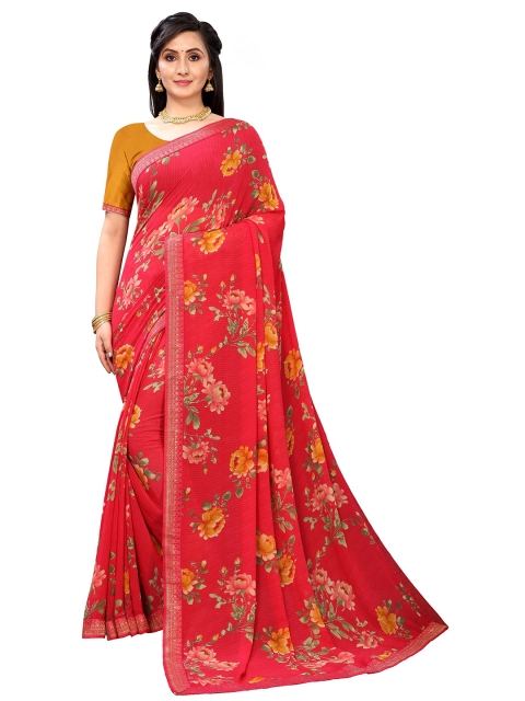 

Jashvi Creation Red & Yellow Floral Pure Georgette Saree