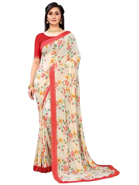 

Jashvi Creation White & Pink Floral Pure Georgette Saree