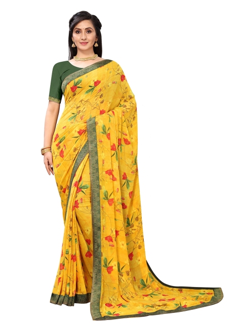 

Jashvi Creation Yellow & Red Floral Pure Georgette Saree