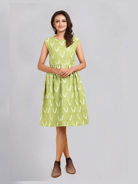 

Atsevam Women Green Abstract Printed Cotton Blend A-Line Dress