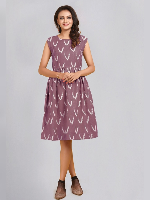 

Atsevam Purple & White Printed Fit & Flare Dress