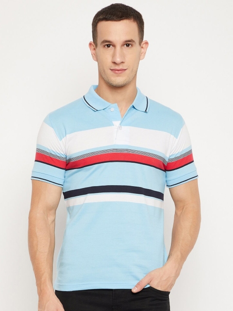 

FirstKrush Men Blue Striped Polo Collar Pure Cotton T-shirt