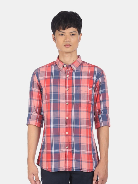 

Aeropostale Men Pink Tartan Checks Checked Cotton Casual Shirt