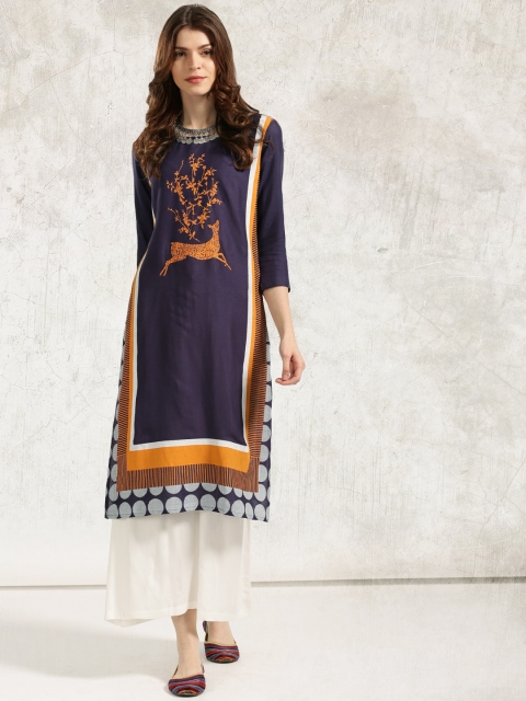 

Anouk Women Navy Printed Straight Kurta, Navy blue