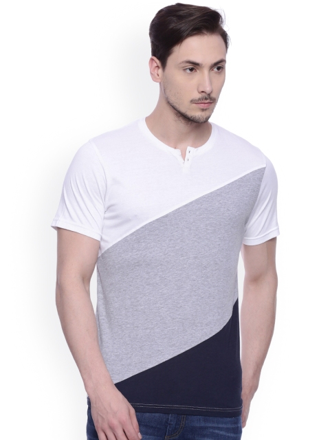 

Basics Men White & Grey Melange Colourblocked Henley Neck T-Shirt
