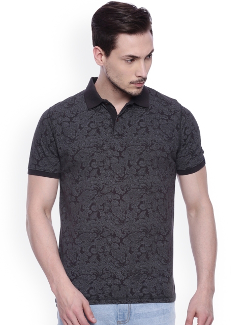 

Basics Men Charcoal Grey Floral Print Polo Collar T-Shirt