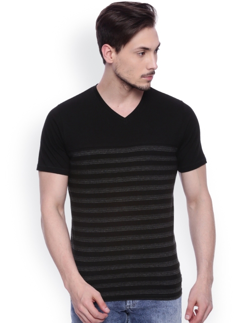 

Basics Men Black Striped V-Neck Muscle Fit T-shirt