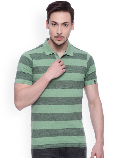 

Basics Men Green & Grey Striped Polo Collar T-Shirt