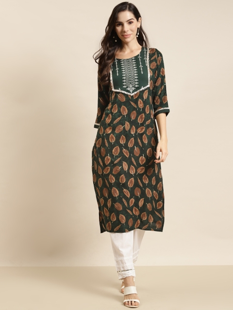 

Juniper Women Teal Green & Brown Printed Gotta Patti Kurta