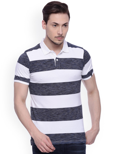 

Basics Men Navy Blue Striped Muscle Fit Polo T-shirt