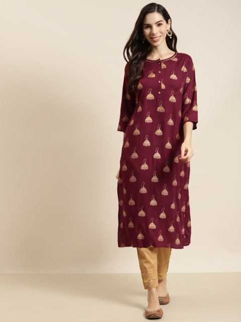 

Juniper Women Maroon & Golden Ethnic Motifs Printed Kurta