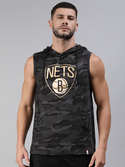

NBA Men Grey & Black Brooklyn Nets Printed Loose Sleeveless Hooded Basketball T-shirt