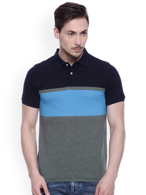 

Basics Men Navy Blue & Grey Melange Muscle Fit Polo T-shirt