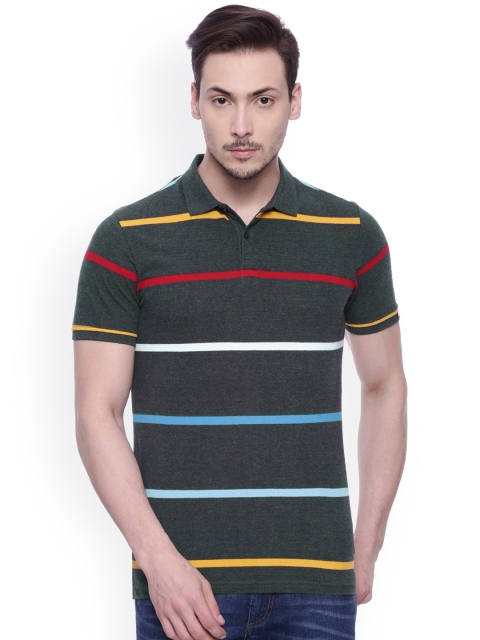 

Basics Men Charcoal Grey & Yellow Striped Polo Collar T-Shirt