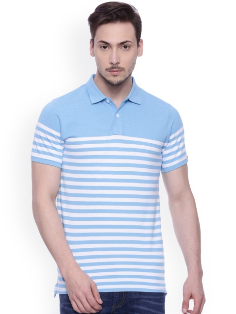

Basics Men Blue & White Striped Muscle Fit Polo T-shirt
