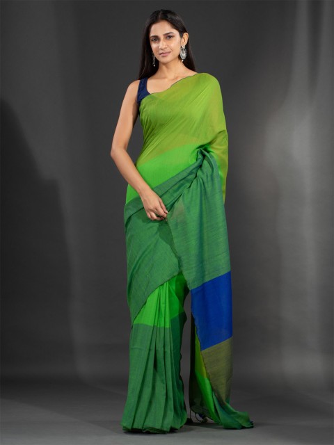 

Charukriti Green & Navy Blue Colourblocked Pure Cotton Saree