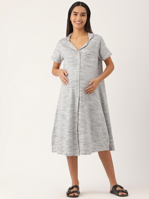 

Nejo Grey Melange Pure Cotton Solid Maternity Shirt Dress