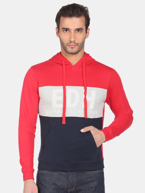 

Ed Hardy Men Red & Navy Blue Colourblocked Hooded Pure Cotton Sweatshirt
