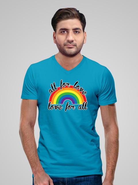 

Pootlu Men Turquoise Blue Typography Printed V-Neck Applique T-shirt