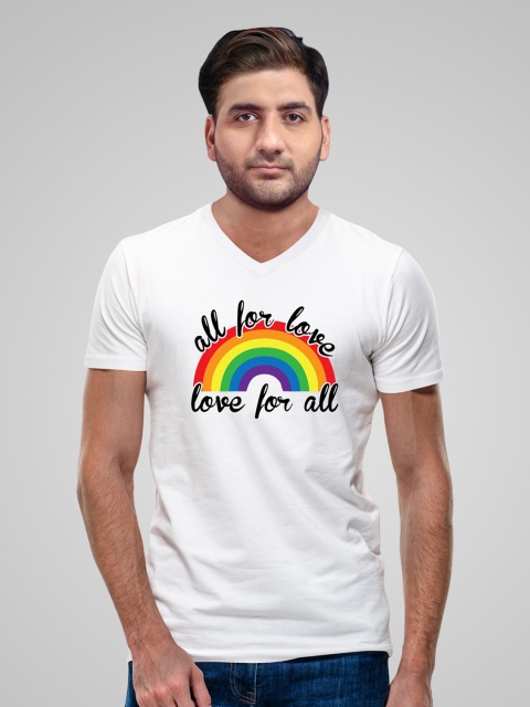 

Pootlu Men White Typography Printed V-Neck Applique T-shirt