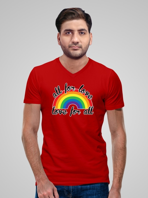 

Pootlu Men Red Typography Printed V-Neck Applique T-shirt