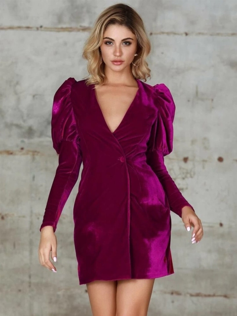

MERCHE Purple V-Neck Puff Sleeves Wrap Dress
