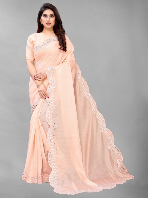 

PERFECTBLUE Peach Embellished Mirror Work Organza Saree