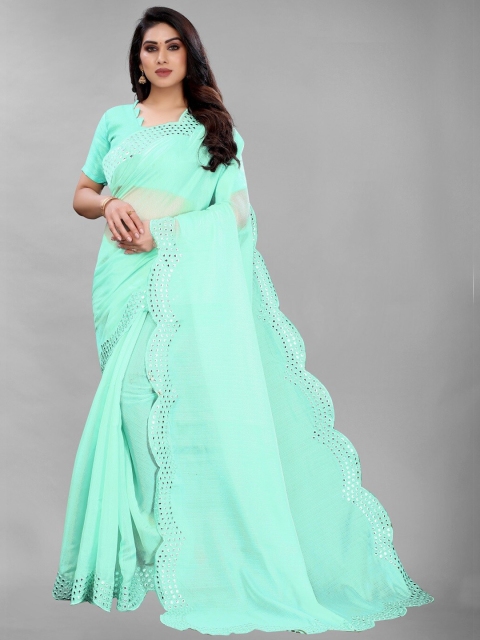 

PERFECTBLUE Blue Embellished Mirror Work Organza Saree