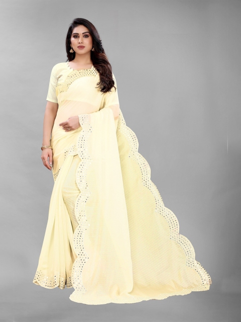

PERFECTBLUE Yellow Mirror Work Organza Saree