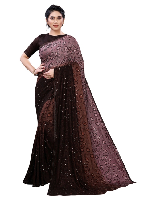 

PERFECTBLUE Brown & Black Floral Embroidered Velvet Saree