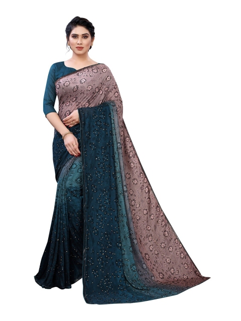 

PERFECTBLUE Teal Blue & Rose Floral Velvet Saree