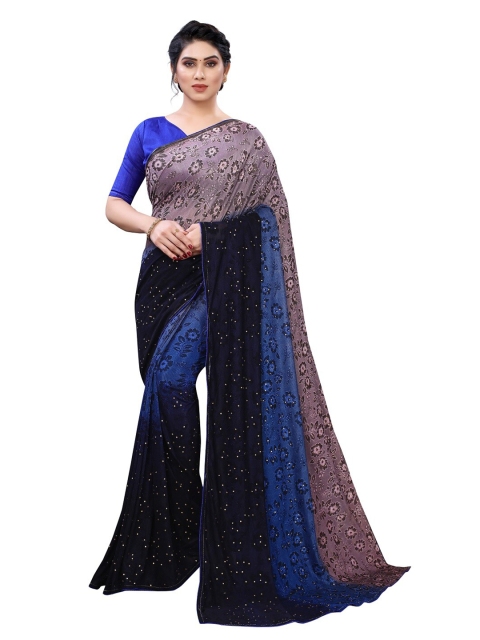 

PERFECTBLUE Blue & Grey Floral Embroidered Velvet Saree