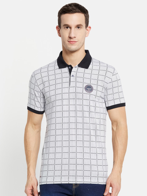 

Octave Men White Checked Polo Collar Cotton T-shirt