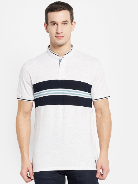 

Octave Men White Striped Mandarin Collar Cotton T-shirt