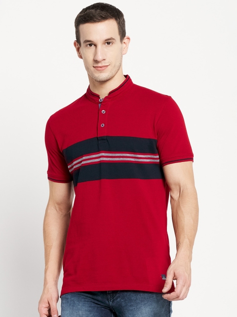 

Octave Men Maroon & Black Striped Mandarin Collar Cotton T-shirt
