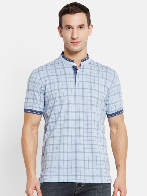 

Octave Men Blue Checked Mandarin Collar Cotton T-shirt