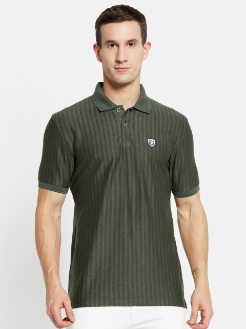 

Octave Men Olive Green Striped Polo Collar Cotton T-shirt