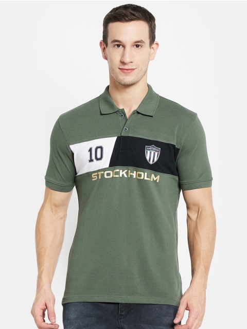 

Octave Men Olive Green Typography Printed Polo Collar T-shirt