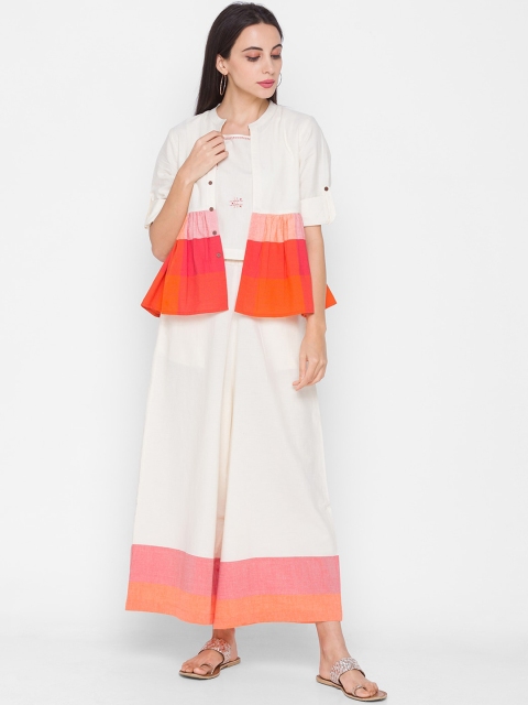 

ZOLA Women Off White & Orange Colourblocked Cotton Kurta set