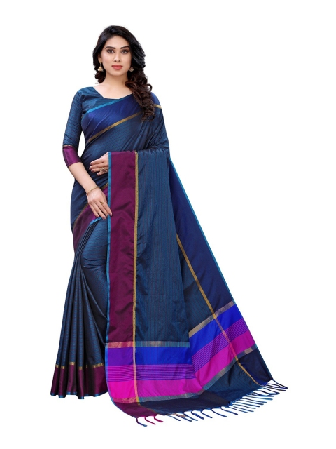 

PERFECTBLUE Blue & Pink Striped Silk Cotton Saree