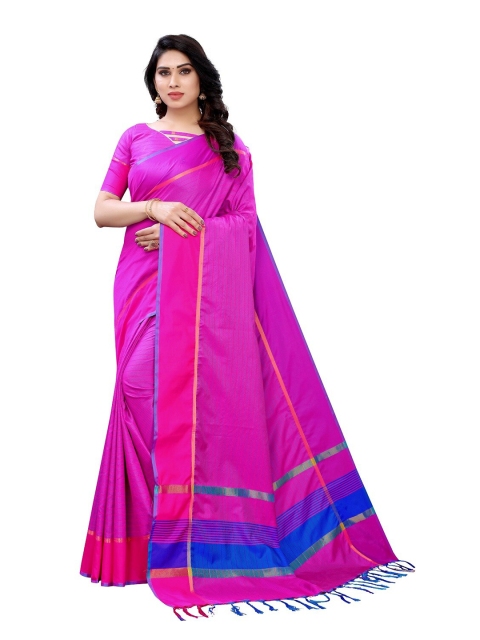 

PERFECTBLUE Magenta & Blue Striped Silk Cotton Saree