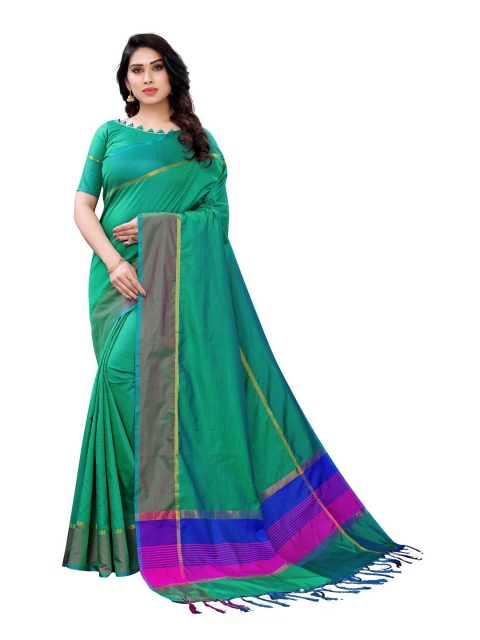 

PERFECTBLUE Green & Blue Striped Zari Silk Cotton Saree