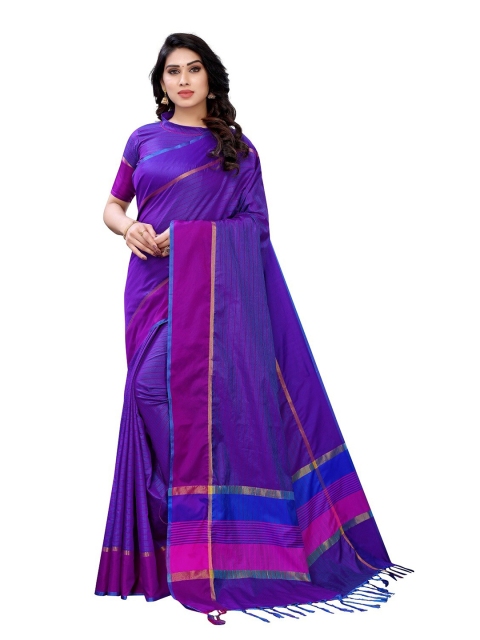 

PERFECTBLUE Purple & Gold-Toned Striped Zari Silk Cotton Saree