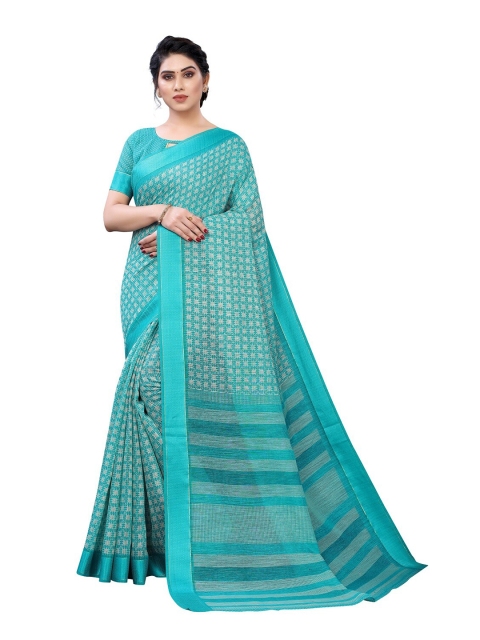 

PERFECTBLUE Turquoise Blue & Off-White Abstract Printed Saree