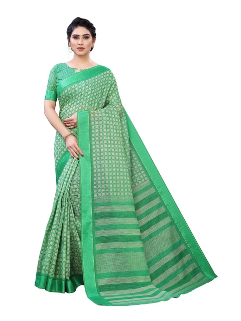 

PERFECTBLUE Green & White Printed Saree