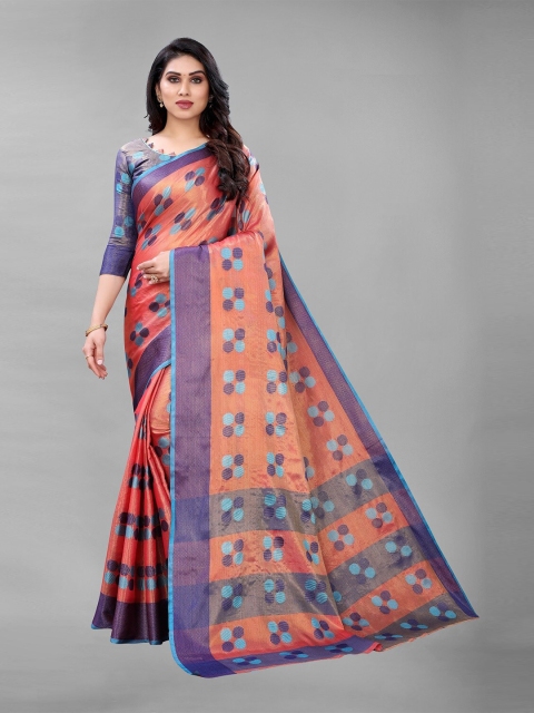 

PERFECTBLUE Peach-Coloured & Blue Geometric Woven Art Silk Saree