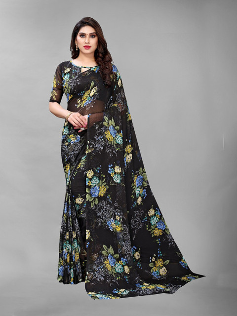 

PERFECTBLUE Black & Blue Floral Saree